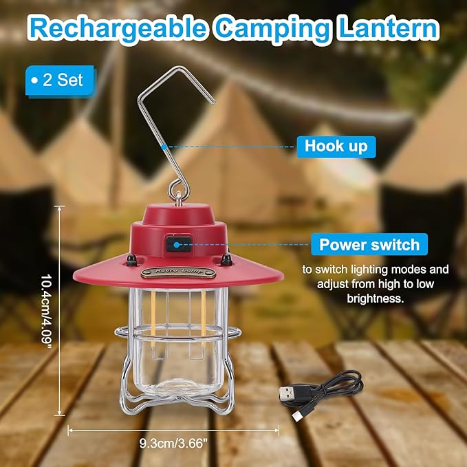 PATIKIL LED Camping Lantern, 2 Pack Vintage Rechargeable Lantern 3 Light Modes Portable Hanging