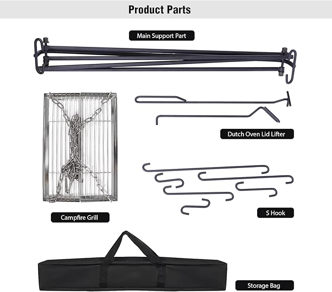REDCAMP Swing Campfire Grill Stand - Collapsible Campfire Cooking Rack with 6 Hooks & Stainless