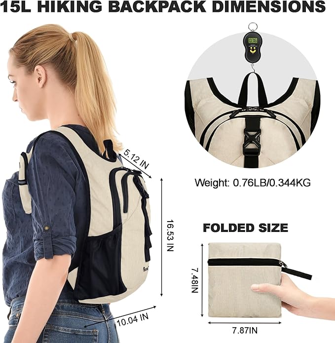Seektop 15L Small Hiking Backpack for Women Men, Foldable Packable Backpack with Phone Pocket