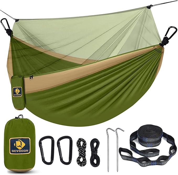 Camping Hammock with Net,Portable Lightweight Double Hammocks with Tree Straps and Solid D-Shape