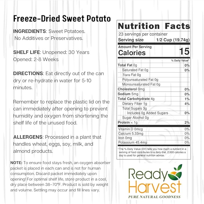 Ready Harvest Freeze Dried Food - Sweet Potatoes | Emergency Food | Pantry Staples | #10 Can |