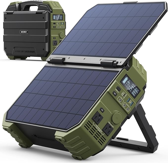 BROWEY 1600W (3200W Peak) Portable Power Station, 1024Wh LiFePO4 Battery with Built-in Solar Panel