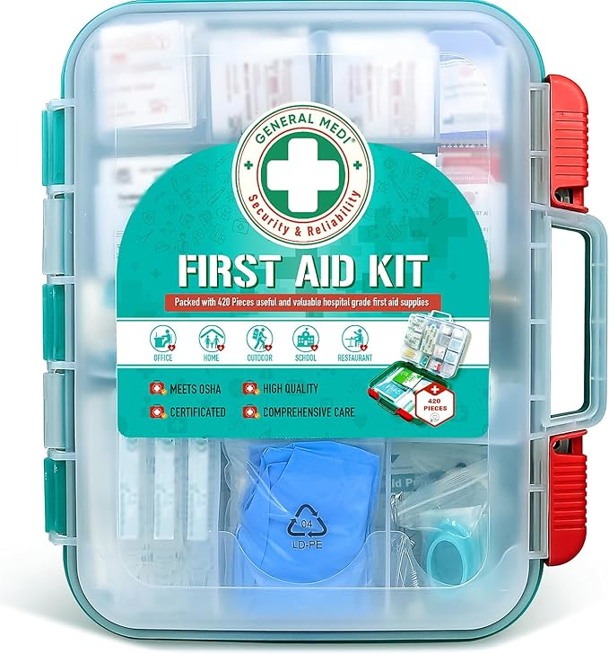 General Medi 420 Pieces Professional First Aid Kit - HardCase First Aid Box - Contains Premium