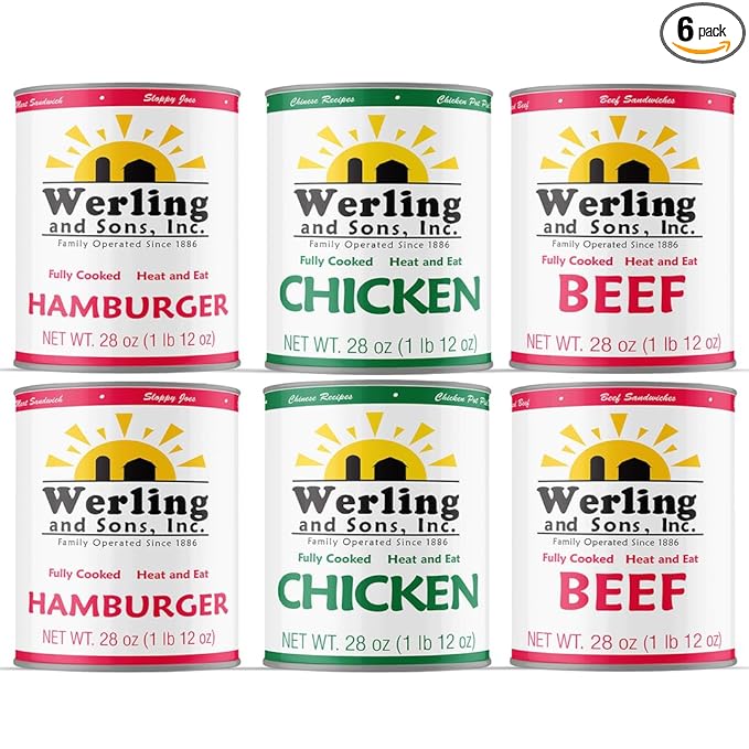 Werling & Sons Canned Meat Variety Pack 28 oz – Fully Cooked & Ready to Eat | 2 Hamburger, 2