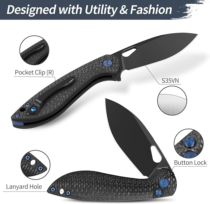 Pocket Knife, 3.1" Unique S35VN Blade Folding Knife with Button Lock, EDC Knife with Carbon Fiber