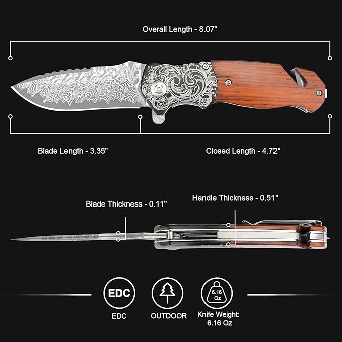 Pocket Knife with Glass Breaker, EDC Damascus Folding Knife with Seatbelt Cutter, 3.35" VG10