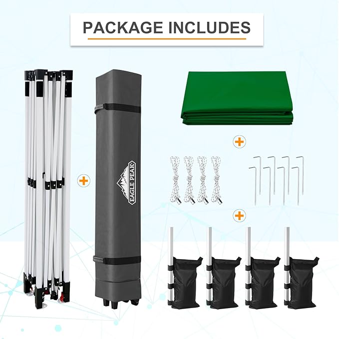 EAGLE PEAK Pop Up Canopy Tent with Wheeled Carry Bag, 8 Stakes, 4 Ropes, 4 Weight Bags, Easy Set Up