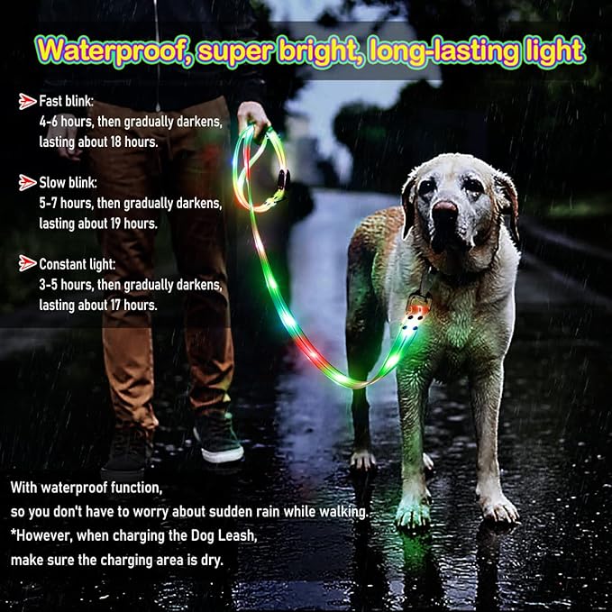 LED Waterproof Pet Dog Leash USB Rechargeable Fashionable Color Glow in The Dark Night Walk Safety