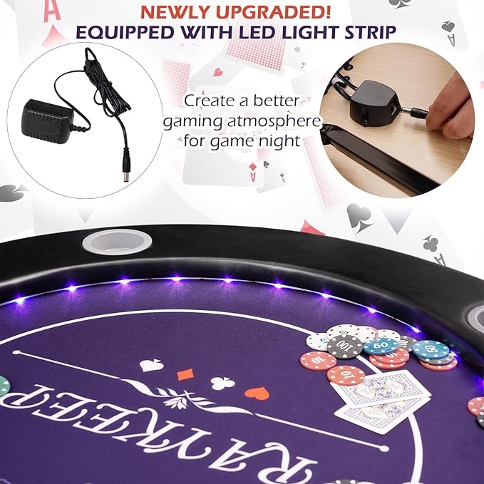 71" LED Poker Table - 8 Player Foldable Texas Hold'em Table with Built-in LED Lights, Padded Rails