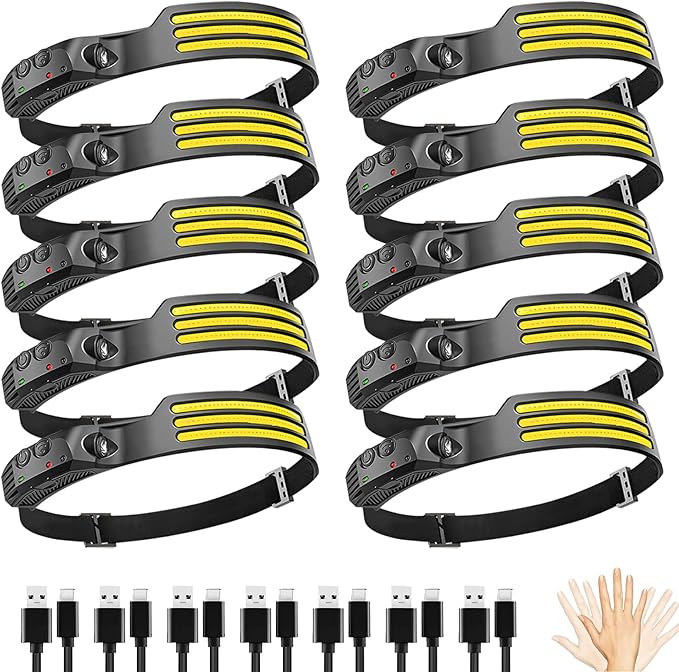 10Pack LED Headlamp Rechargeable with 3 Led Strip, 230° Wide Beam Head Lamp for Forehead, 6Mode