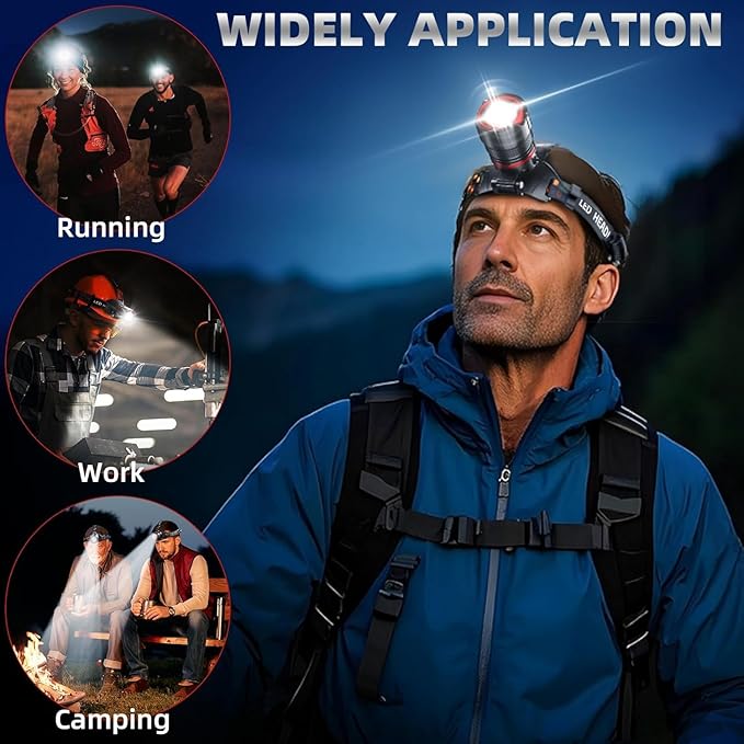Headlamp 90000 LUMENS LED Rechargeable Head Lamps, Zoomable Headlight with 5 Modes & IPX7