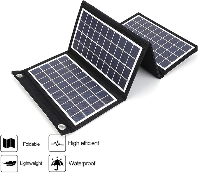Portable Solar Panel, 30W 5V Foldable Solar Panel Charger with Dual USB Outputs, 4 Fold Water Proof