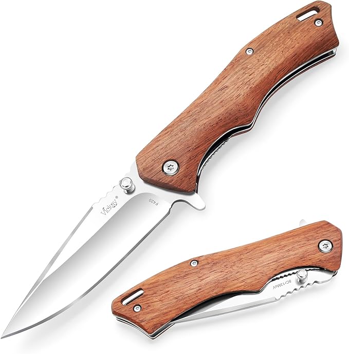 Vickay Pocket Knife for Men, 3.4" 8Cr13MoV Steel Blade, Wood Handle EDC Folding Knife with Liner