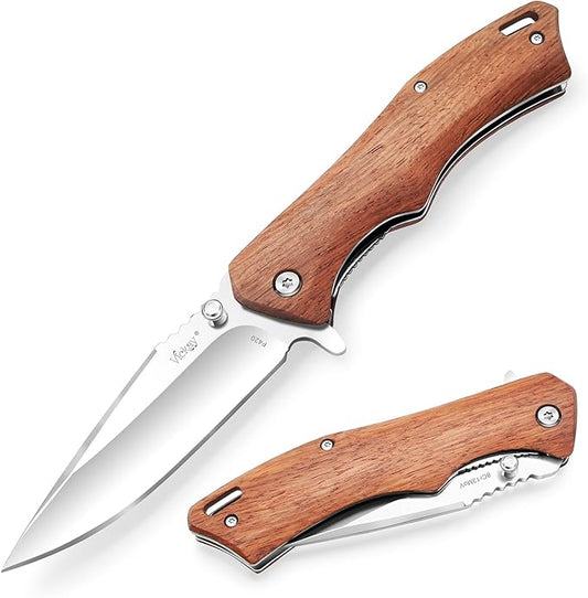 Vickay Pocket Knife for Men, 3.4" 8Cr13MoV Steel Blade, Wood Handle EDC Folding Knife with Liner