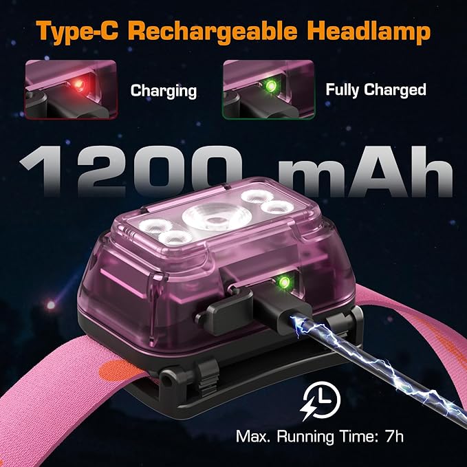 EverBrite Rechargeable Headlamp, 2 Pack Kids Headlamp with White/Red/Green Light and Memory