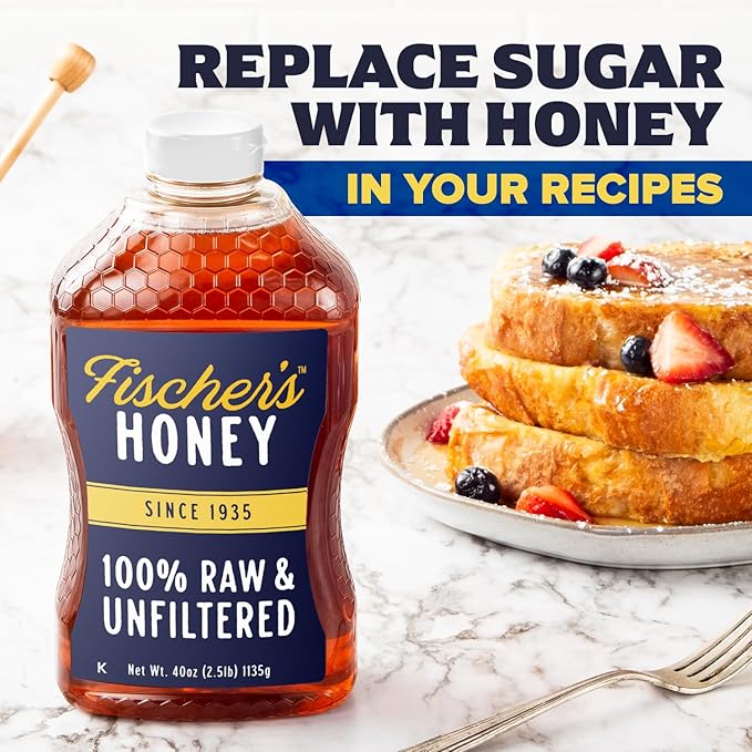 Fischer's 100% Pure, Raw & Unfiltered Honey, 40 oz – USA Made Honey – All-Natural Sweetener – Rich