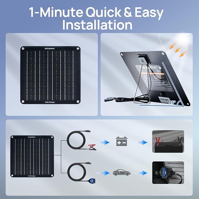 ECO-WORTHY 10W Upgraded Solar Car Battery Charger Maintainer 12V Waterproof Quick-Stand Support