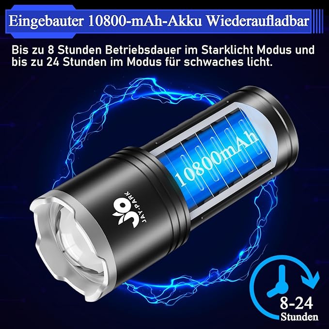 JAY-PARK LED Flashlights High Lumens Rechargeable - 10000 Lumen with 10800mAh Battery and LCD Power