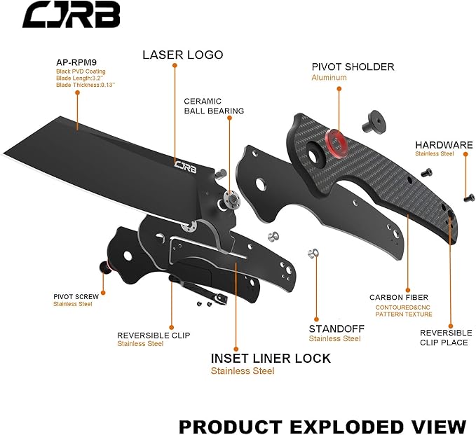 CJRB Crag Folding Pocket Knife, 3.43" AR-RPM9 Steel Blade Carbon Fiber Handle EDC Knife with Pocket