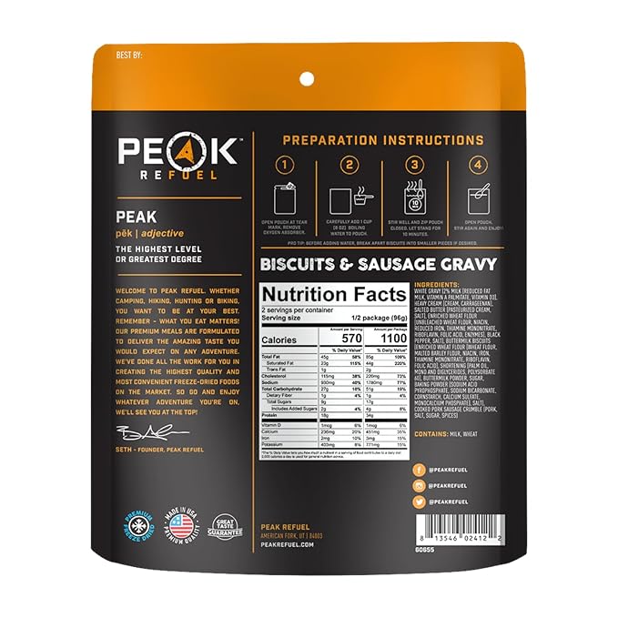 Peak Refuel Biscuits & Sausage Gravy | Freeze Dried Backpacking, Camping & Emergency Prep Food | 2