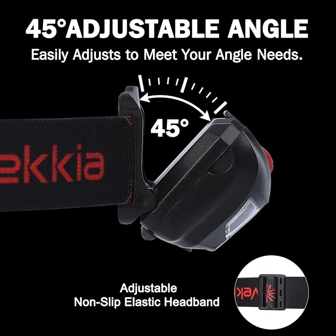 Vekkia LED Headlamp Rechargeable - 5 Lighting Modes,White & Red LEDs Head Lamp, Camping Accessories