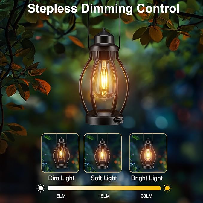 Rechargeable Outdoor Camping Lanterns 2Pack, Vintage Dimmable Hanging Outdoor Camping Lights with