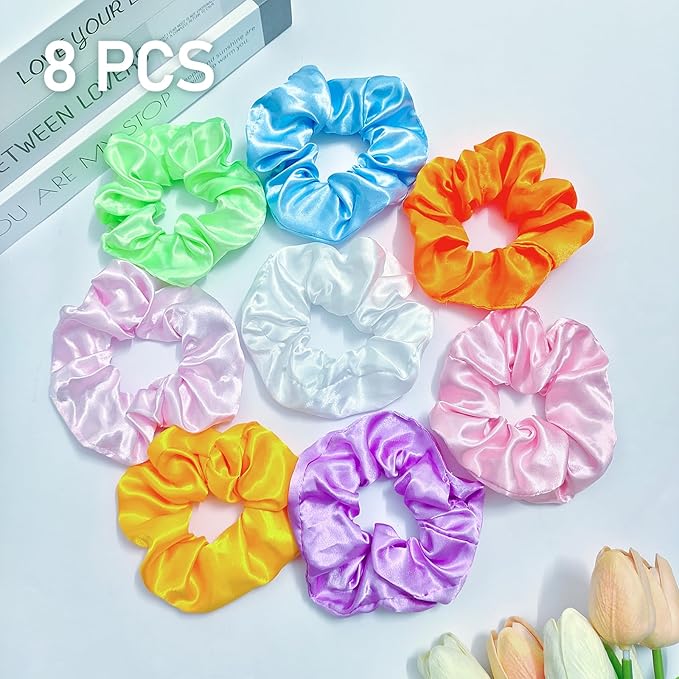 8 PCS Light up Scrunchies for Girls, Glow in the Dark Party Supplies, 3 Glow Mode Satin Scrunchy