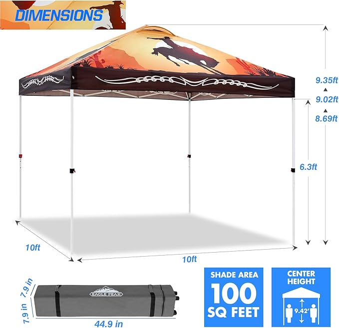 EAGLE PEAK Pop Up Canopy Tent with Wheeled Carry Bag, 8 Stakes, 4 Ropes, 4 Weight Bags, Easy Set Up