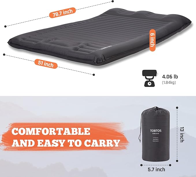 TOBTOS Double Sleeping Pad for Camping, Extra Thick 6" Camping Mattress 2 Person with Pillow