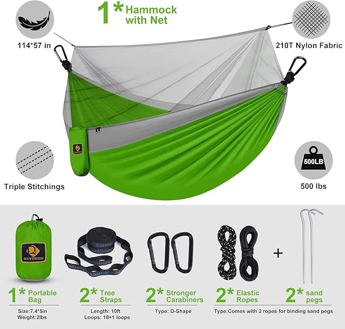 Camping Hammock with Net,Travel Portable Lightweight Hammocks with Tree Straps and Solid D-Shape