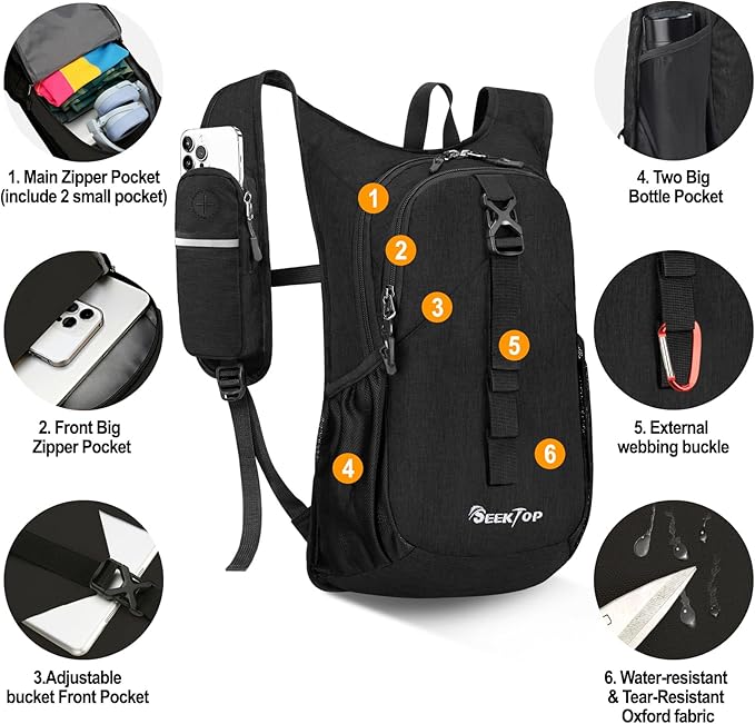 Seektop 15L Small Hiking Backpack for Women Men, Foldable Packable Backpack with Phone Pocket