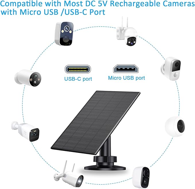 2W Solar Panel for Security Camera Outdoor, USB/USB-C Charger with IP65 Waterproof, 360° Adjustable