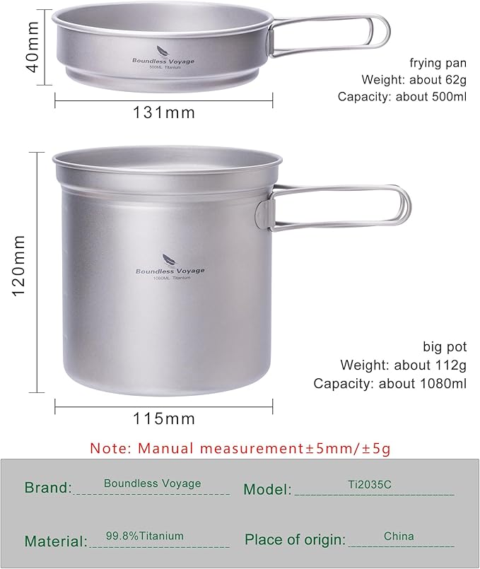 iBasingo Titanium Pot Pan Set with Folding Handle - Ultralight Portable Outdoor Cookware Mess Kit