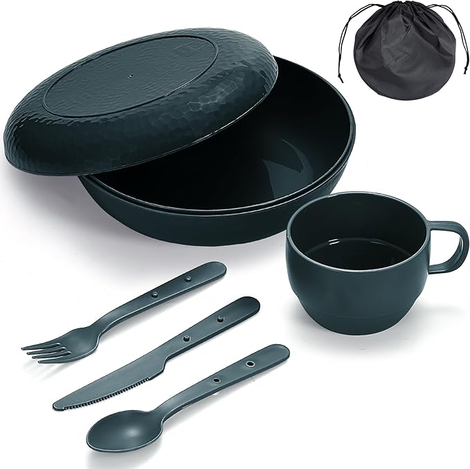 Berglander Camping Mess Kit with Bowl, Plate, Cup, Spoon, Fork, Knife and Carry Bag, Plastic