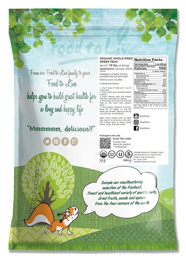 Food to Live Organic Whole Dried Green Peas, 10 Pounds – Non-GMO, Green Vatana, Sproutable, Vegan