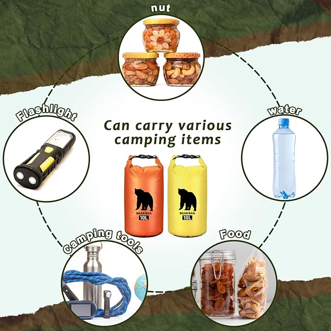 2 Pcs 10L Waterproof Bear Bags with 4 Nylon Ropes, 4 Clips & 2 Rock Pockets & 2 Small Warning Bells