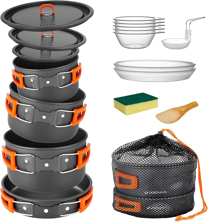 Odoland 15pcs Camping Cookware Non-Stick Lightweight Camping Pots and Pans Set with Plastic Plates