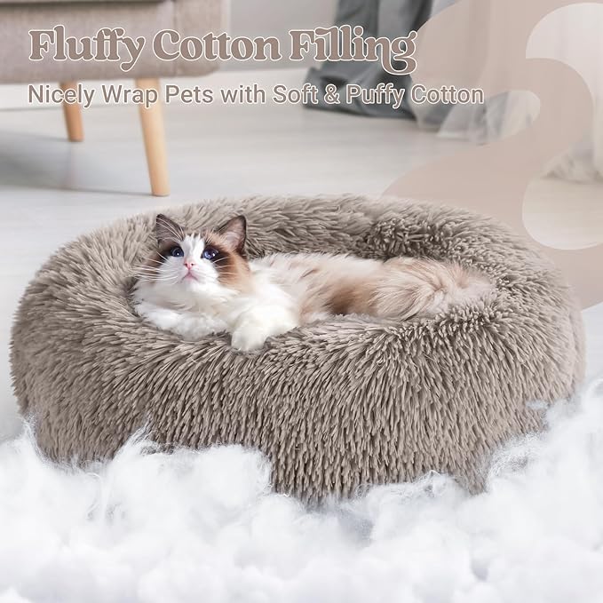 rabbitgoo Cat Beds for Indoor, 20 inches Machine Washable, Fluffy Round Pet Bed Non-Slip, Calming
