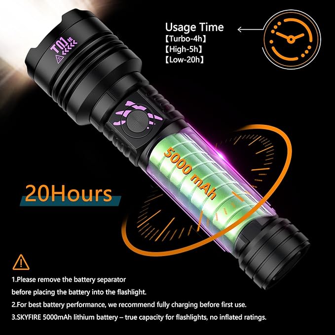 SKYFIRE Rechargeable Flashlights High Lumens: LED Super Bright Flashlight Zoomable with 5 Modes