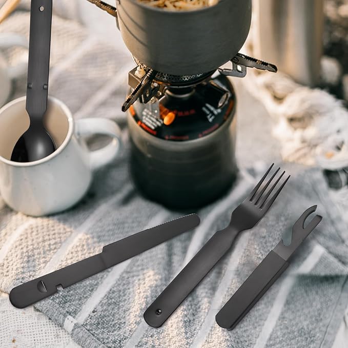Portable Silverware Black Flatware Camping Cutlery Stainless Steel Spoon Fork Knife and Bottle