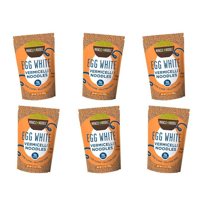 Miracle Noodle Egg White Vermicelli Pasta, 3.5 Oz (Pack of 6), Ready to Eat Egg White Noodles, 10g