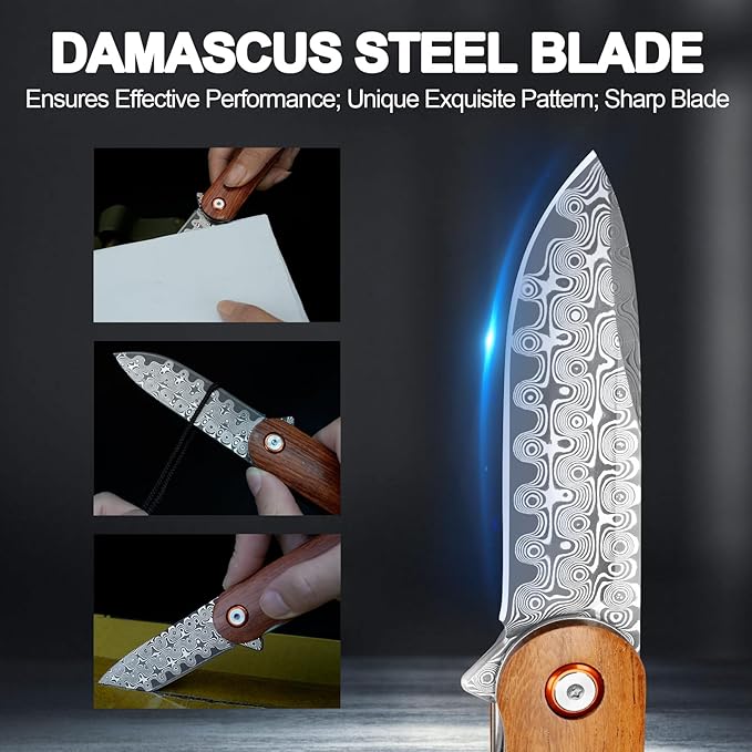 Damascus Pocket Knife, 2.95" Damascus Steel Blade Pocket Knives & Folding Knives, Wooden Handles
