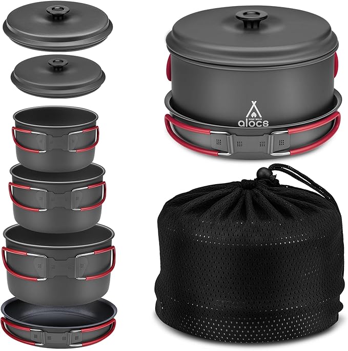 Alocs Camping Cookware Set Camping Gear, Compact Camping Pots and Pans Set, Durable Hard Alumina