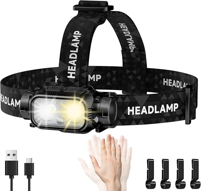 Rechargeable LED Headlamp, High Lumen Super Bright Head Lamp with Red Light, Motion Sensor, 5