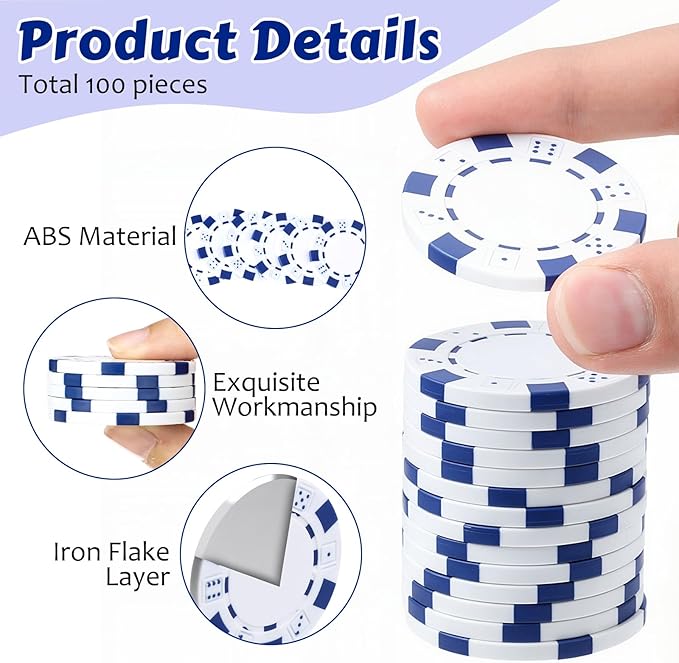 100 Pcs 11.5 Gram Poker Chips ABS Monte Carlo, 40 mm Bingo Chips Tokens Markers Blank Counting Bulk