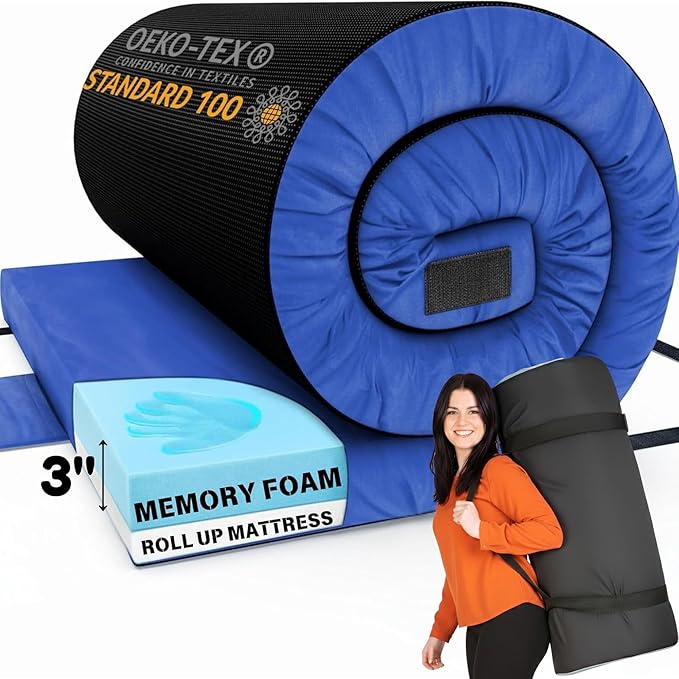 Hazli Matrix Comfort-Cell Memory Foam Camping Mattress Pad - Roll Up Mattress for Adults - Portable