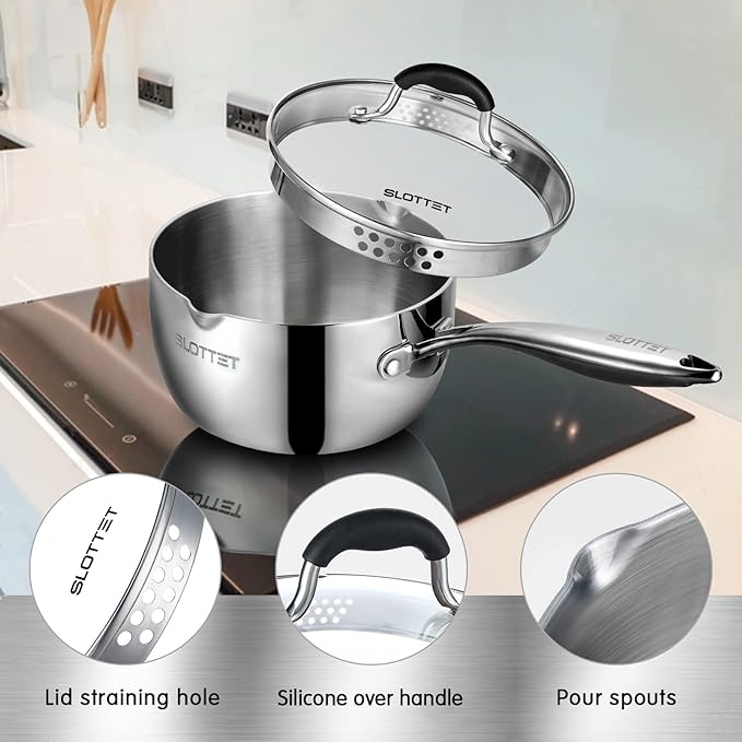 3.5 Quart Stainless Steel Saucepan with Steamer, Tri-Ply Full Body Small Multipurpose Pot with Pour