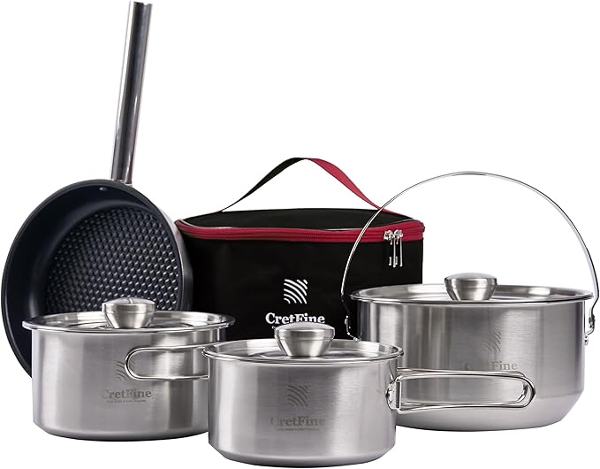 CampPro Camp Cooking Set for 4-8, Stainless Steel Camping Cookware Set, Camping Equipment with