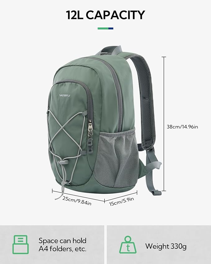WATERFLY 12L Small Hiking Backpack: Day Pack Lightweight Travel Bag Camping Fitness Cycling Outdoor