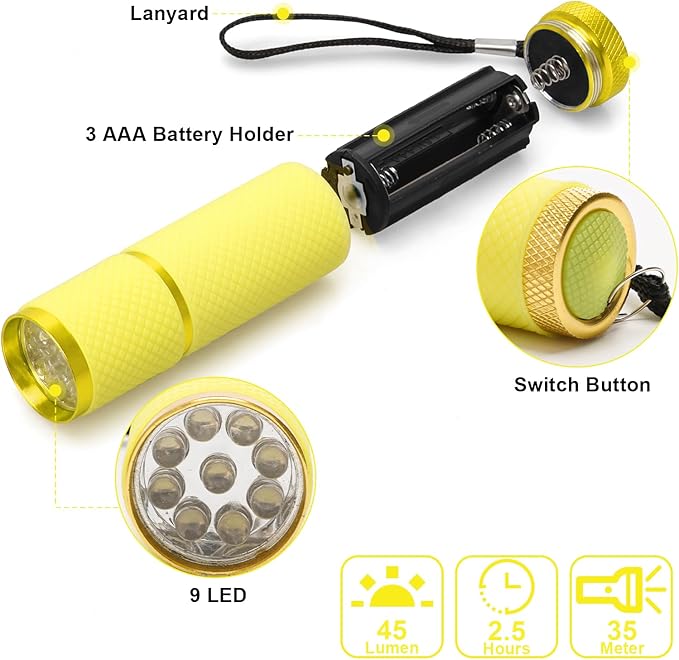 AHIER 9 LED Glow in The Dark Flashlights, Rubber Coated Small Flashlights with Straps, Portable